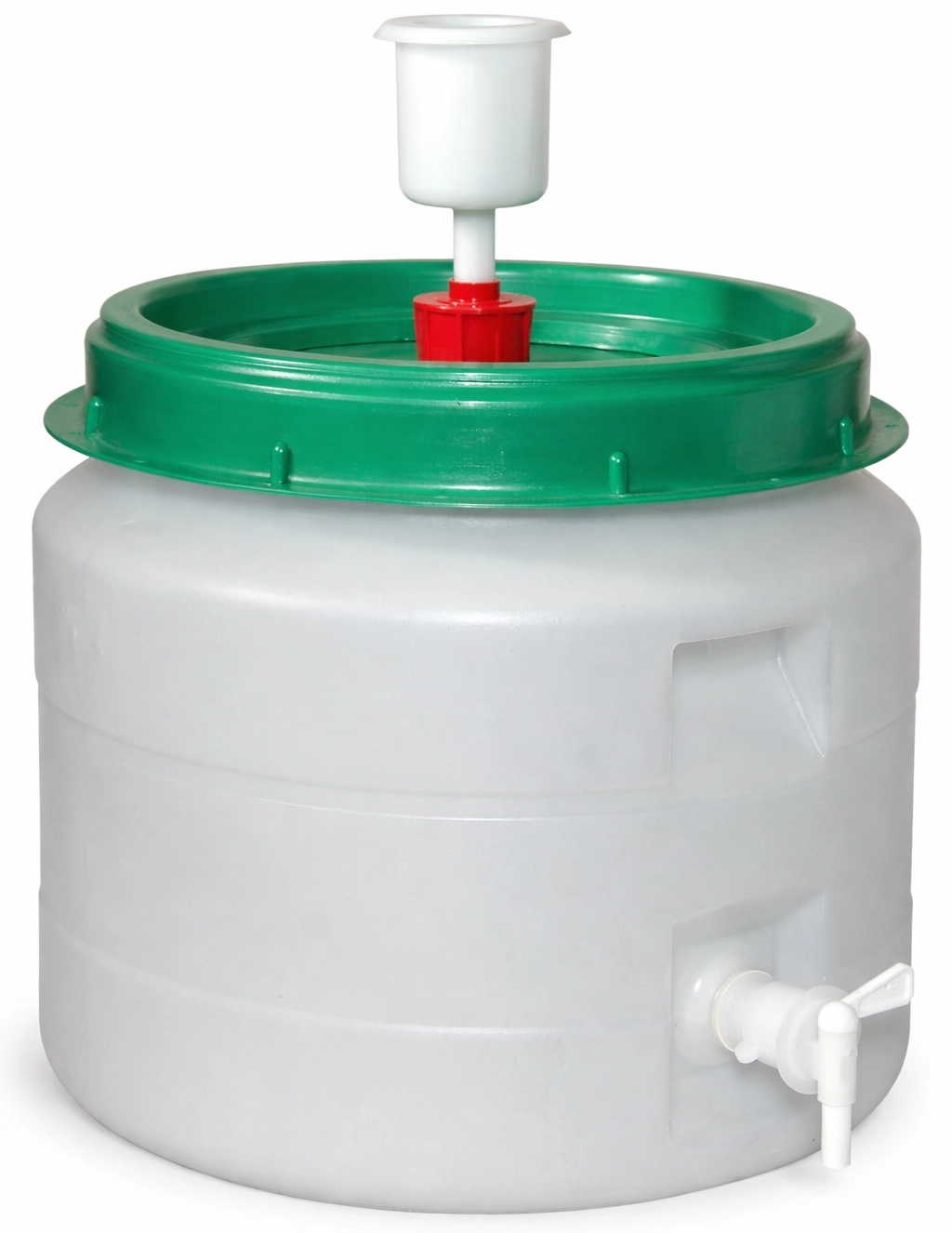 Weiß durchscheinendes AWF Kunststofffass mit Gärglocke und Hahn aus HDPE, lebensmittelecht