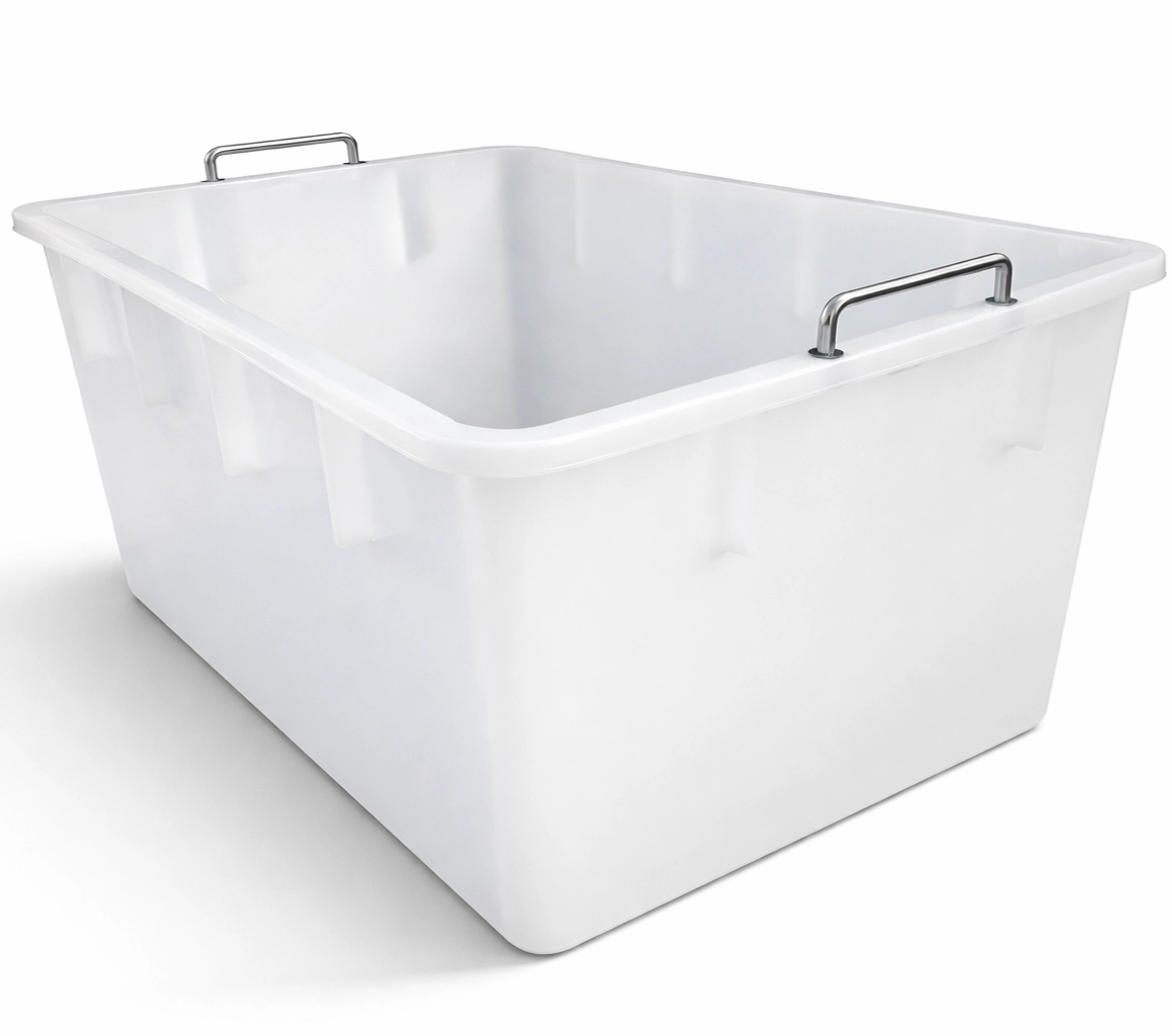 Lebensmittelechte Wanne aus LLDPE mit Edelstahlgriffen, schlagfest, −30 bis +80 °C