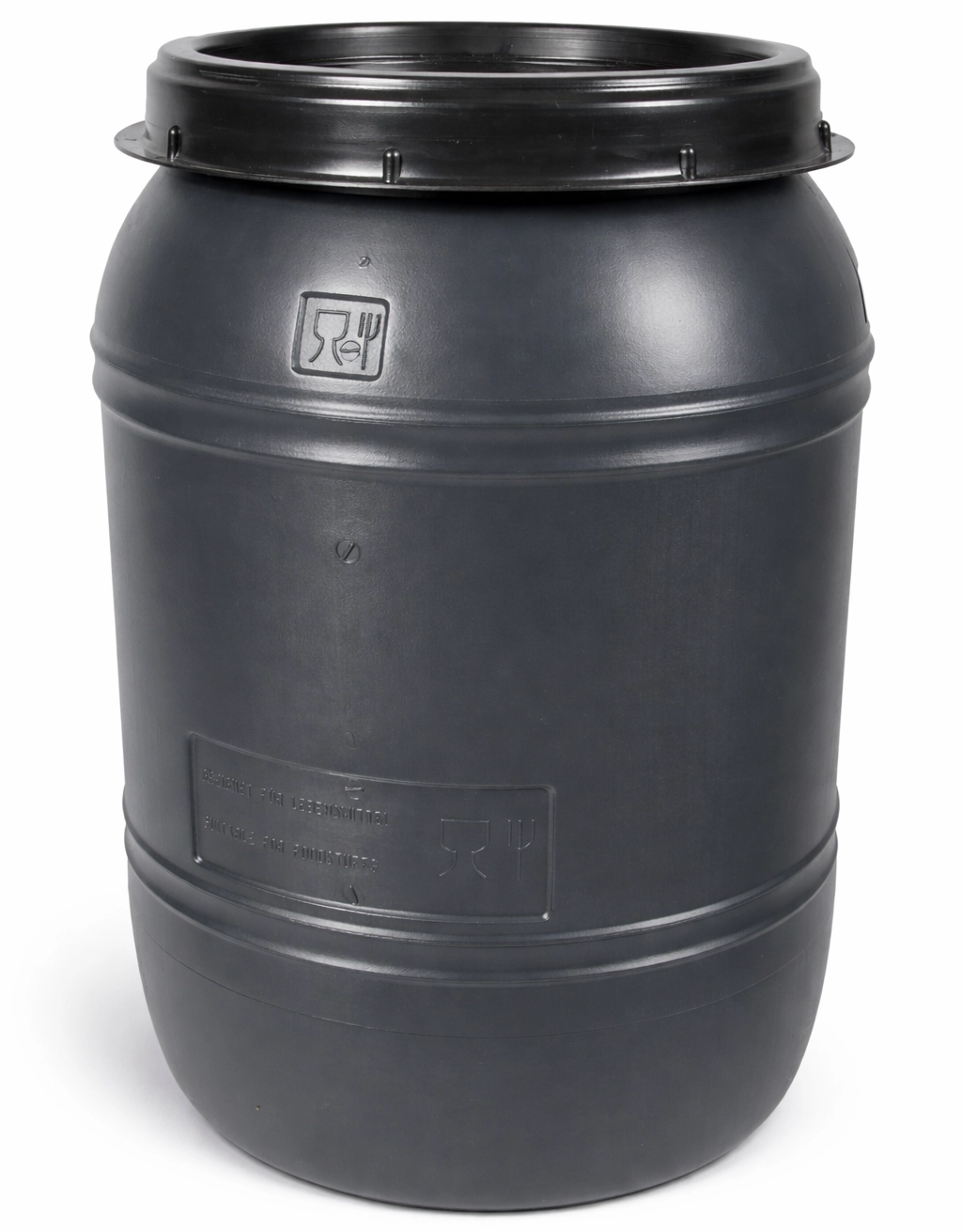 WF Kunststofffass mit großer Öffnung, zweiteiligem Schraubdeckel und stapelbarer Bauform