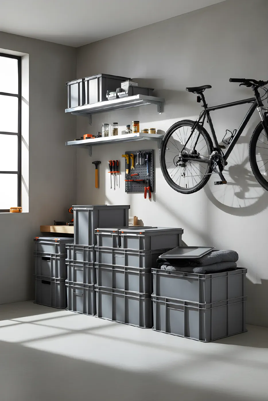 Graue Euronorm-Behälter aus Recyclingkunststoff im Einsatz: DIY