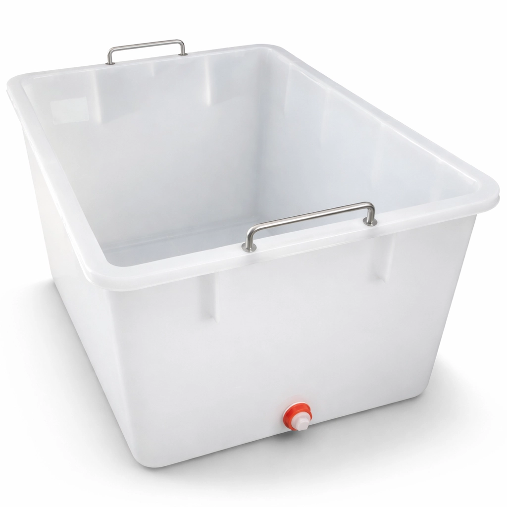 Wanne mit Griff und Ablauf aus schlagfestem Kunststoff, platzsparend stapelbar