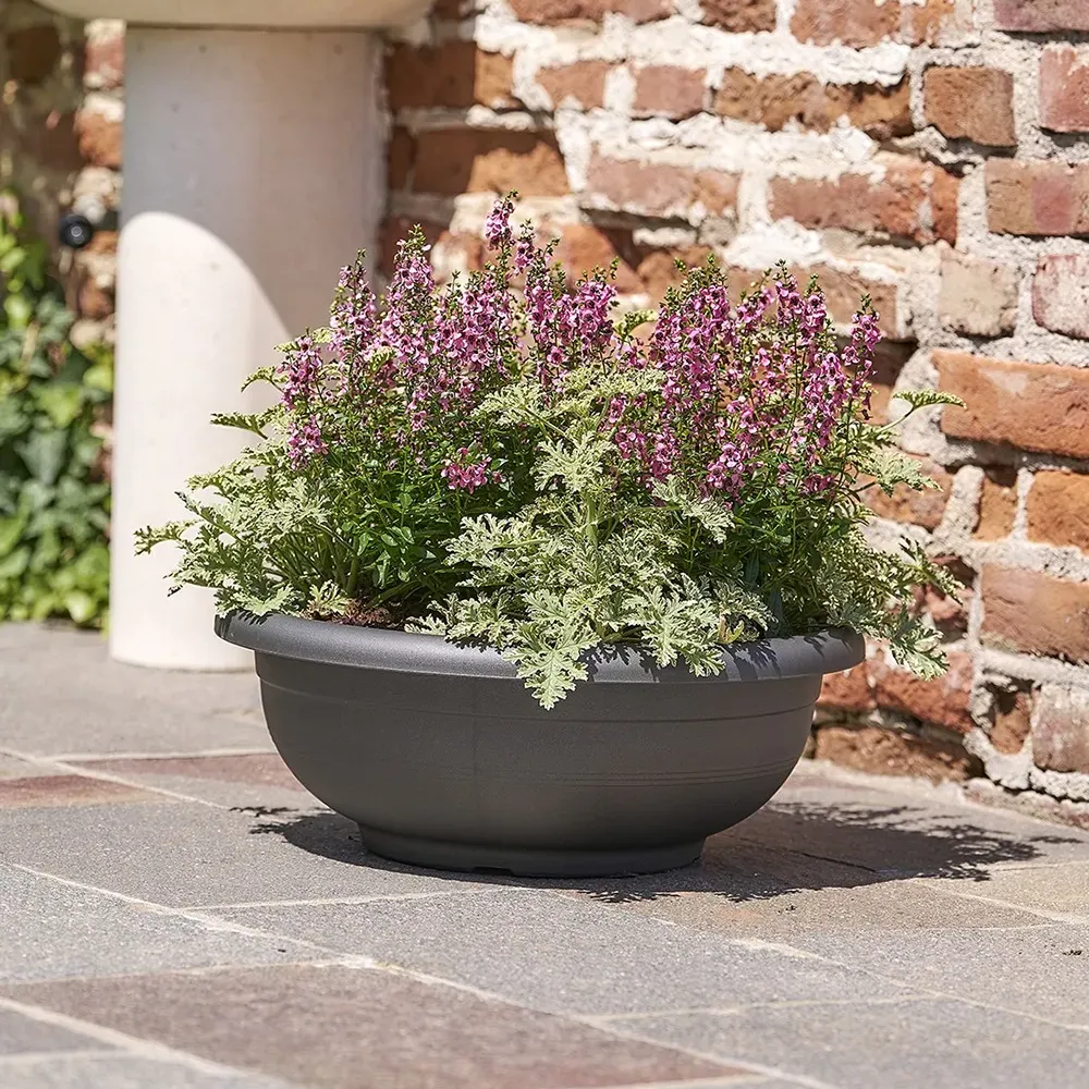 Runde OLIMPO Pflanzschale mit Zierpflanzen im Außenbereich