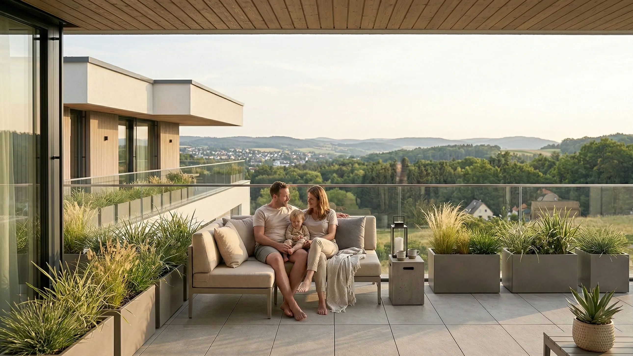 Frühlings-Setup mit modernen Pflanzgefäßen