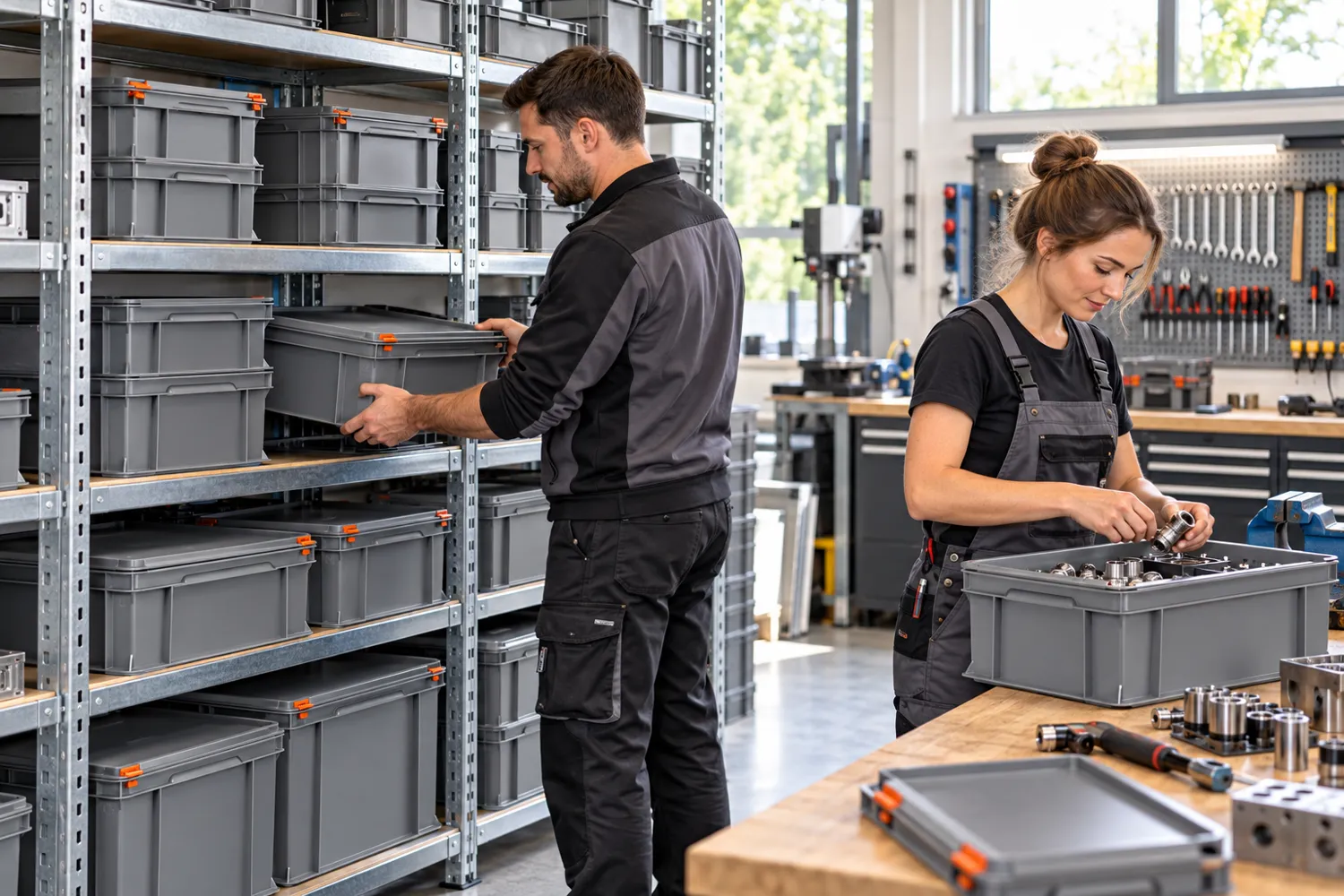 Graue Euronorm-Behälter aus Recyclingkunststoff im Einsatz: Werkstatt