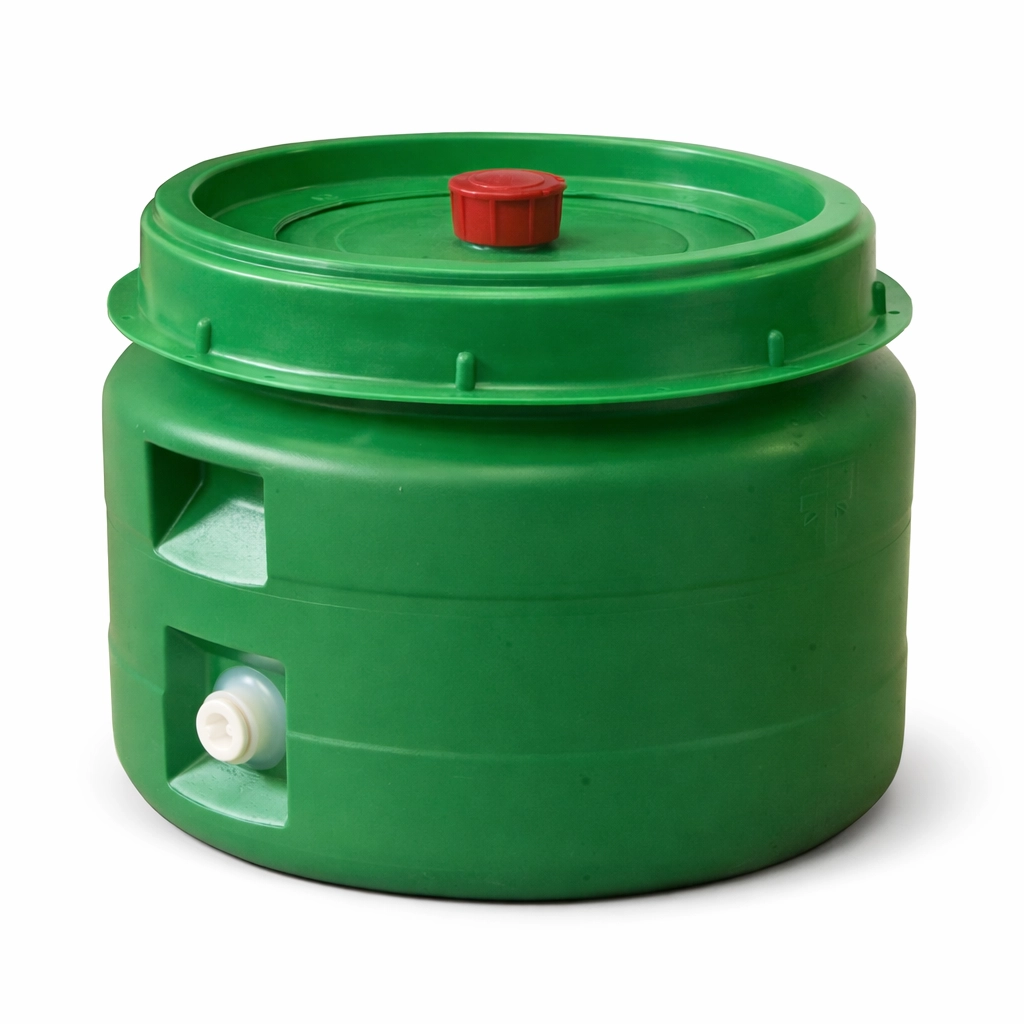 MF Maischefass aus HDPE mit Gärglocke, 8-mm-Hahn und zweiteiligem Schraubringdeckel, 30–210 l