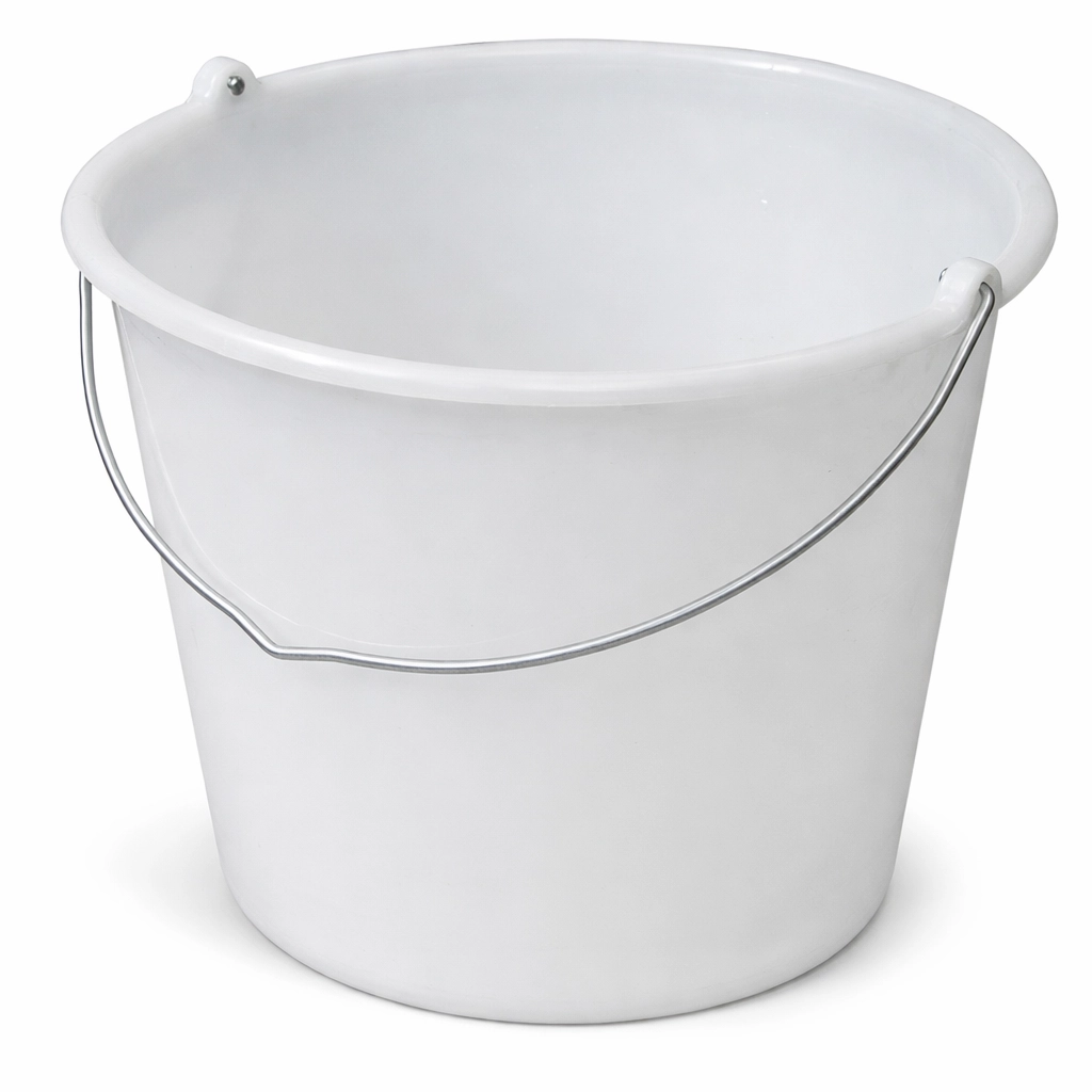 Runder Eimer aus Polyethylen mit Nasenbügel und Metallgriff, temperaturbeständig von −30 bis +80 °C, stapelbar