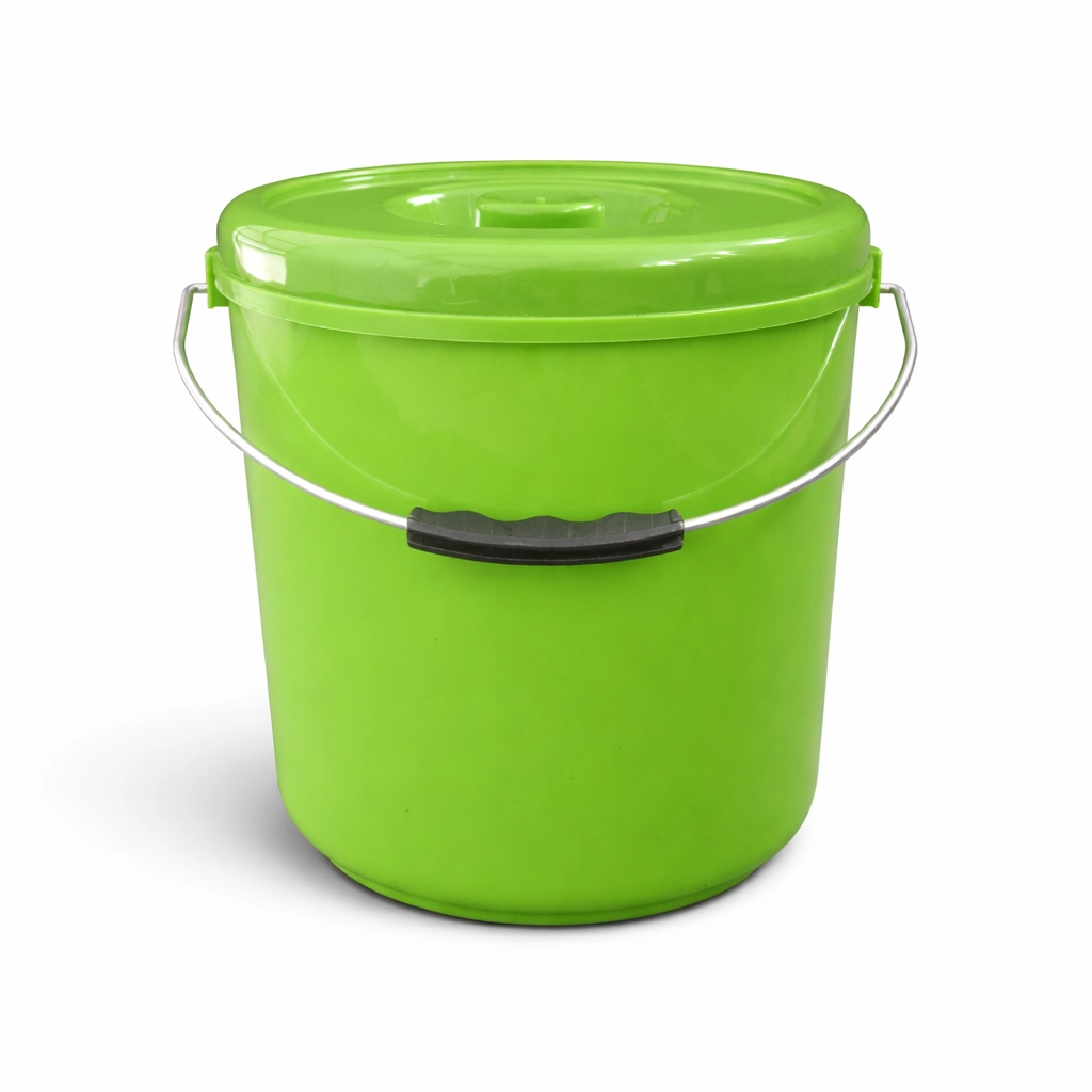 Runder 10-Liter-Eimer aus Polypropylen mit Steckdeckel und Metallbügel, schlagfest und leicht zu reinigen