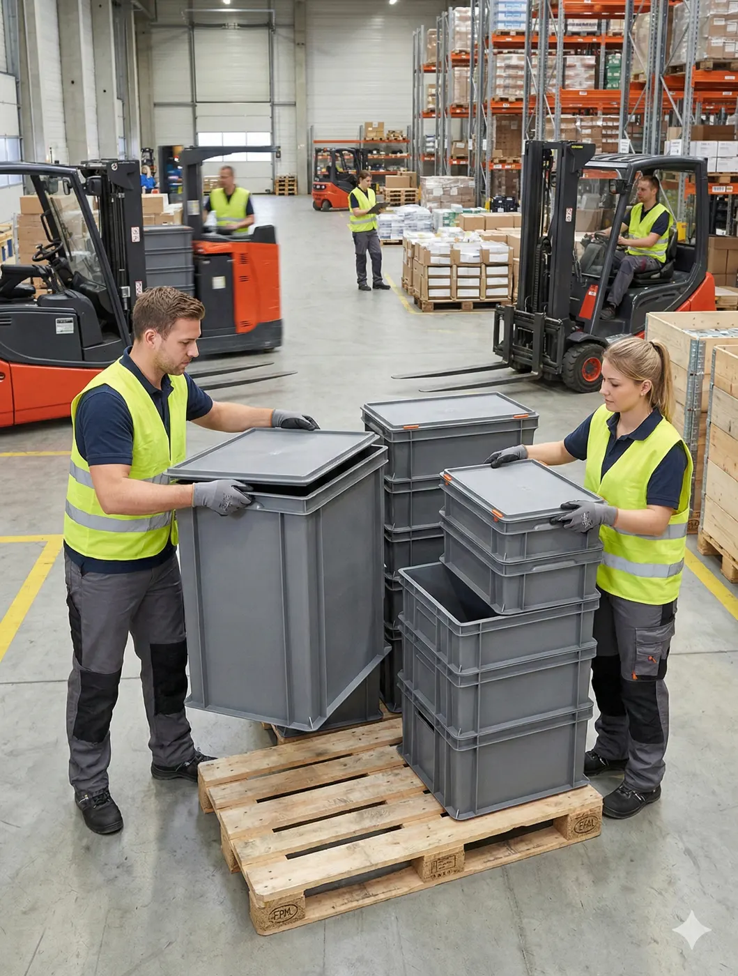 Graue Euronorm-Behälter aus Recyclingkunststoff im Einsatz: Gewerbe